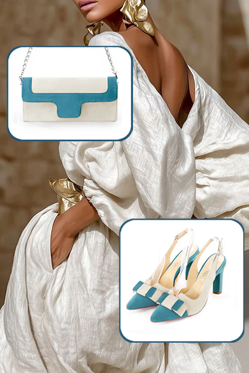 Women's peacock blue and off white elegant slingback heels, with a bow on the front. Tapered toe. High kitten heels - Worn view